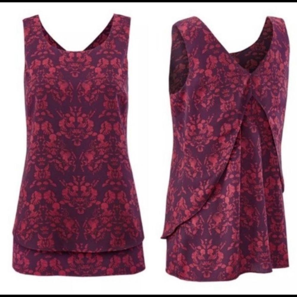 CAbi 3258 Cameo Print Tunic Blouse Top Layered Sleeveless Winter Red Purple New